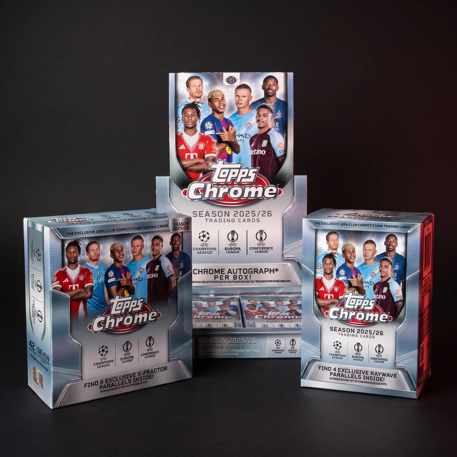 Tres formatos de cajas selladas de cartas de fútbol